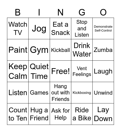 Stress Management and Coping Skills Bingo Card