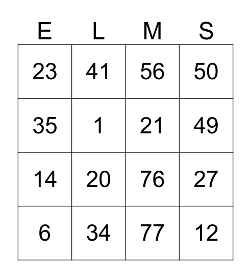 Breakers Math Bingo Card