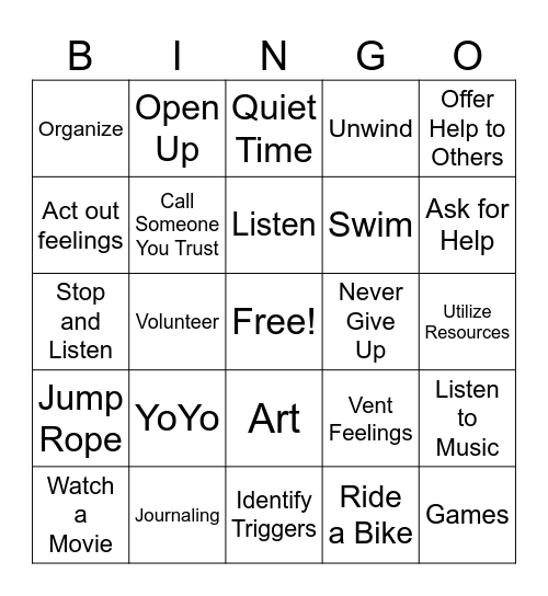 Stress Management and Coping Skills Bingo Card