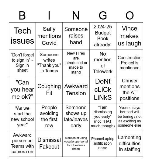 Joint Admin Bingo Card