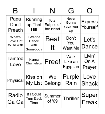 Hits from the 1980s Bingo Card