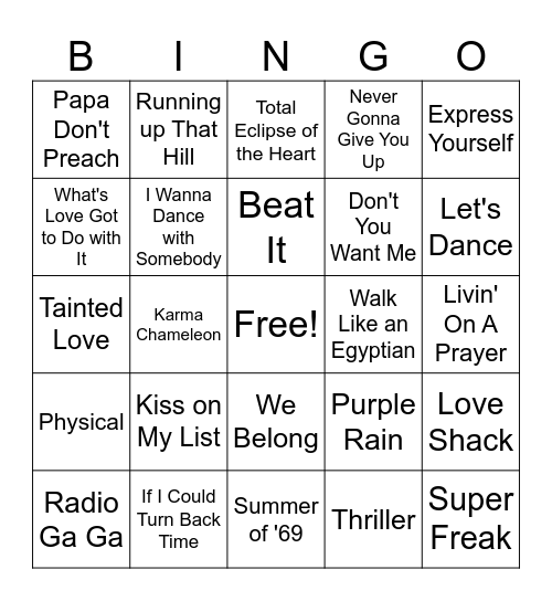 Hits from the 1980s Bingo Card