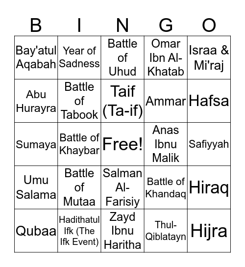 Islamic Seerah Bingo Card