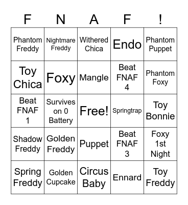 Five Nights At Freddy's Bingo Card