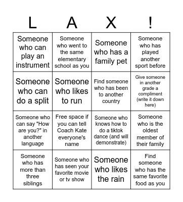 Harlem Lacrosse BINGO Card