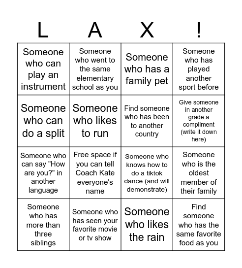 Harlem Lacrosse BINGO Card