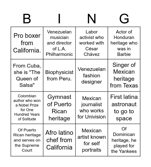 Hispanic and Latine Heritage Month Bingo Card