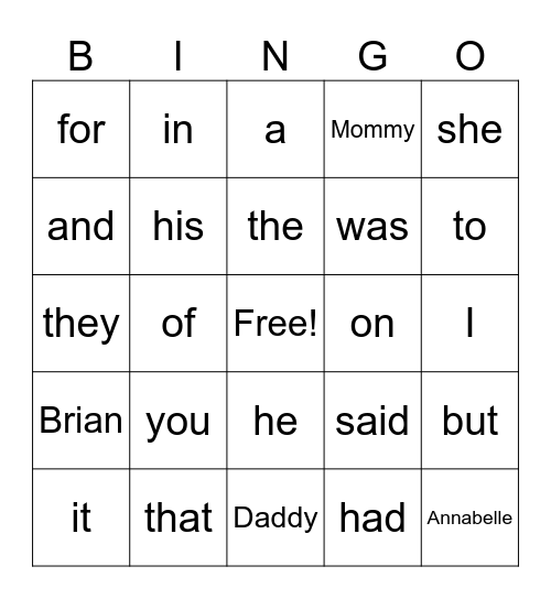 Sight Word BINGO! Bingo Card