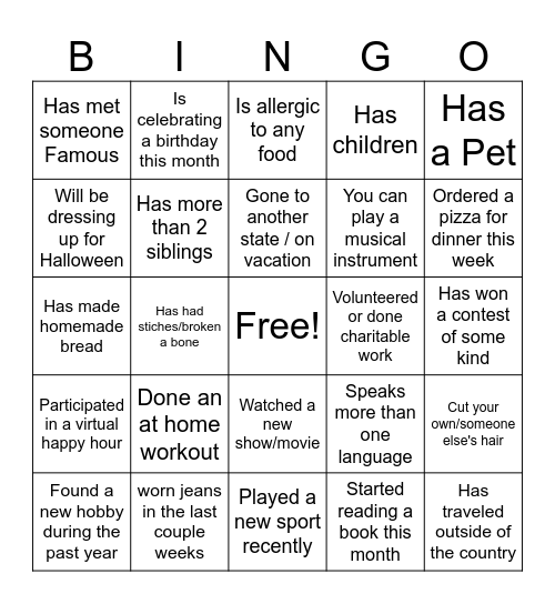 Virtual Happy Hour Bingo Card