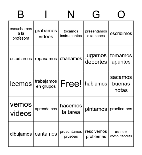 los verbos de la clase Bingo Card