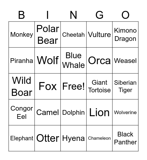 Animal Bingo Card