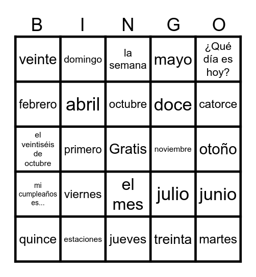 Fechas y Días Bingo Card