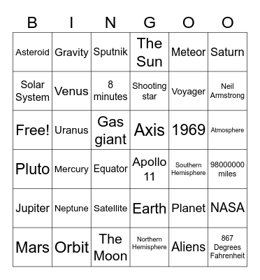Earth the Solar System and Space Bingo Card