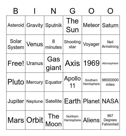 Earth the Solar System and Space Bingo Card
