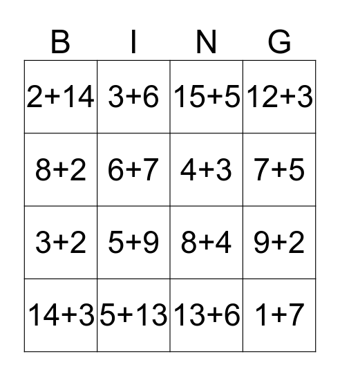 Addition Group A Bingo Card