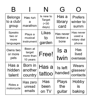 GTKY Team Bingo Card