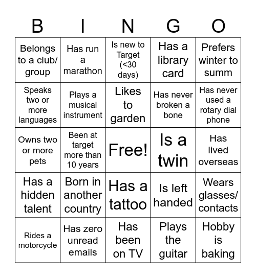 GTKY Team Bingo Card