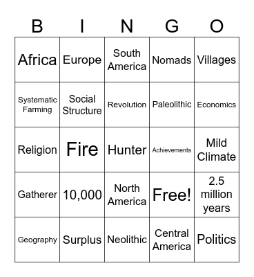 Paleolithic/Neolithic Bingo Card