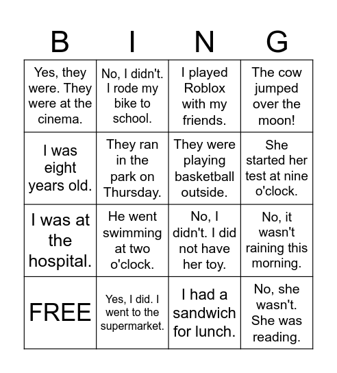 Past Tense Practice Bingo Card