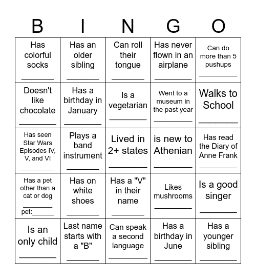 Middle School BINGO: Find someone who... Bingo Card