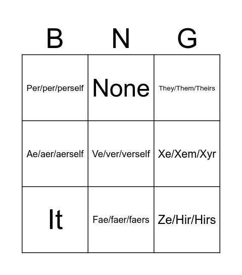 Pronoun Bingo Card