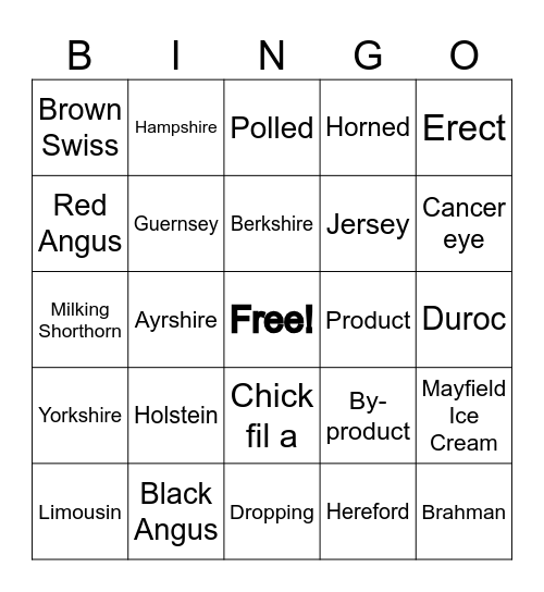 Livestock Bingo Card