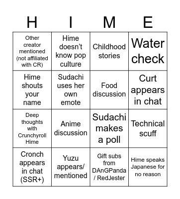 Hime Stream Bingo! Bingo Card