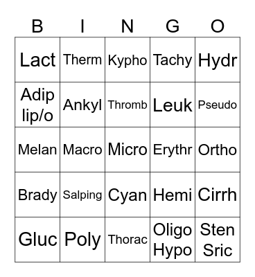 Medical Terminology Bingo Card