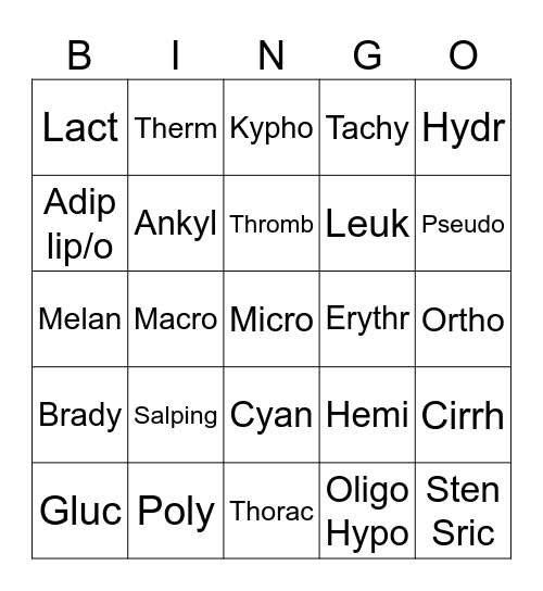 Medical Terminology Bingo Card