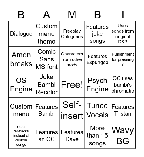 Dave and Bambi Mods Bingo Card