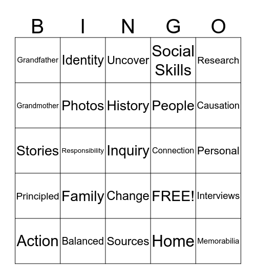 Family Histories Bingo Card