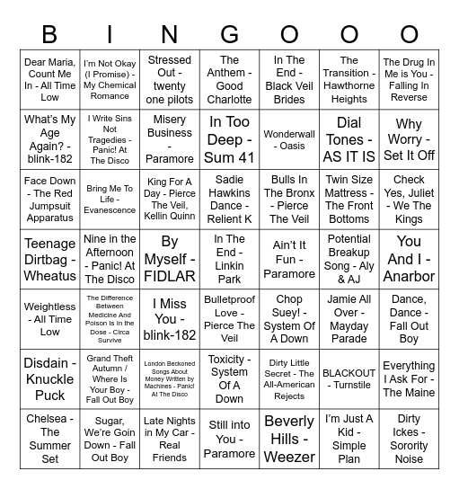 Emo Bingo 2000 - 2015 Bingo Card