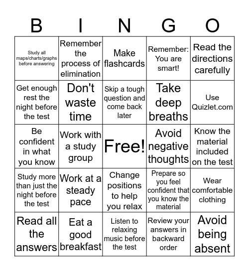 Test Taking Bingo Card