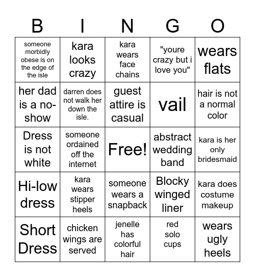 Cringe Wedding Bingo Card