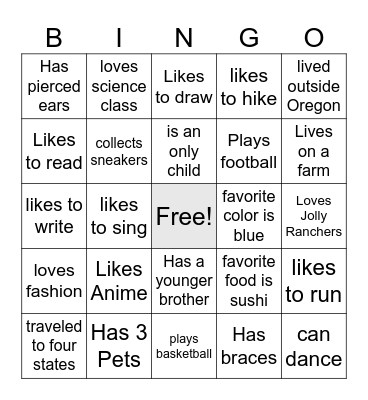 Find people who match the boxes. Bingo Card