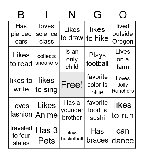 Find people who match the boxes. Bingo Card