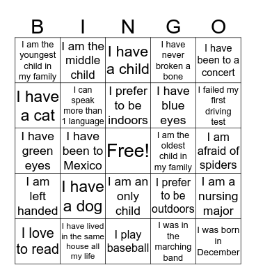 Get to know each other Bingo Card