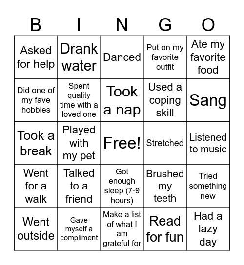 Self- Care Bingo Card