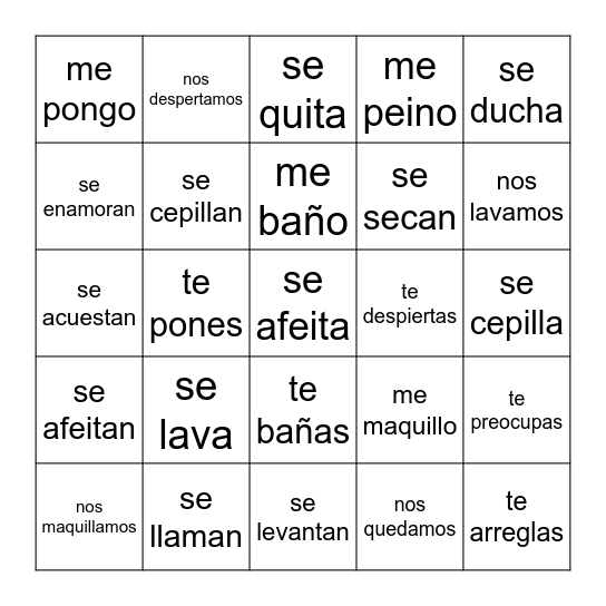 Los Verbos Reflexivos Bingo Card