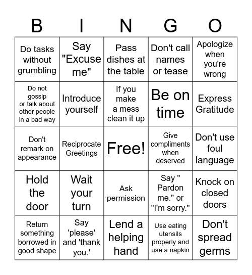 Manners Bingo Card