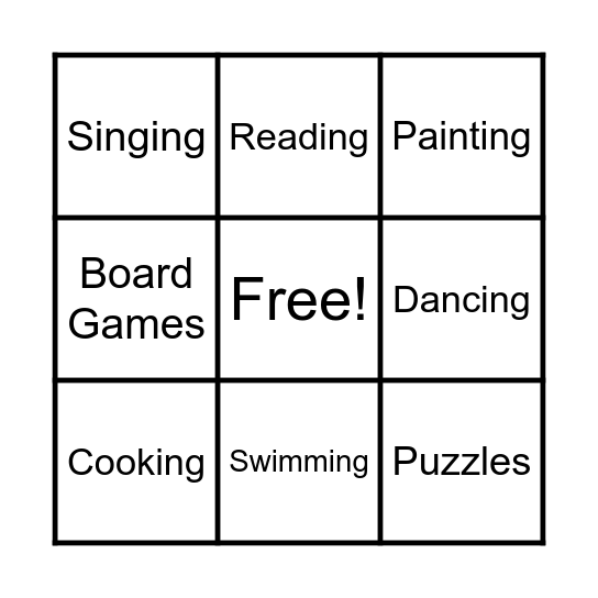 Leisure Occupation Bingo Card