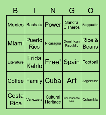 Hispanic Heritage Month Bingo Card