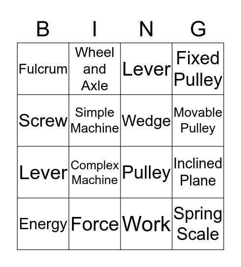 Simple Machines Bingo Card