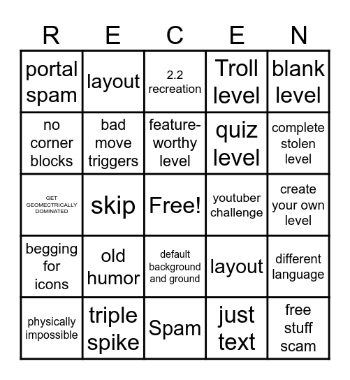 Recent Tab Bingo Card