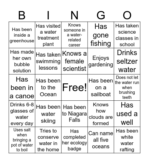 Water Conservation Bingo Card