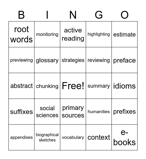 Reading to Learn from College Textbooks Bingo Card
