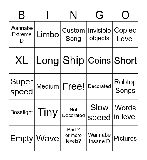 Geometry Dash Recent Tab Bingo! Bingo Card