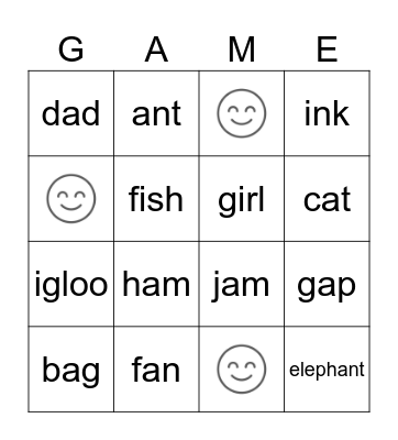 Phonics A to J Bingo Card