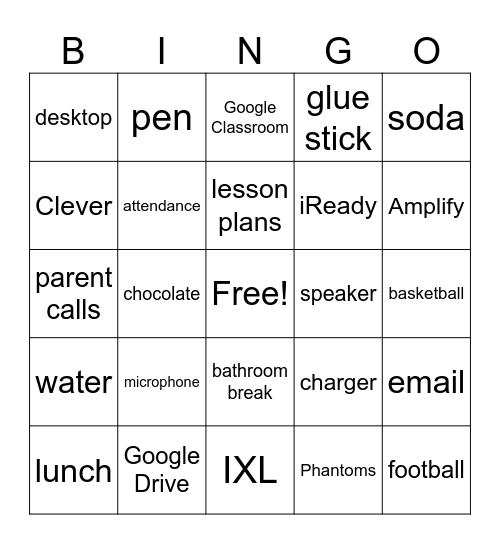 Teacher Bingo Card