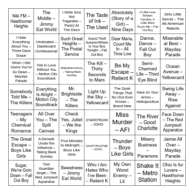 Emo Feels Bingo Card